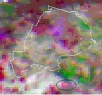 Figura 2: Immagine nel visibile con sovrapposti i limiti del comune di Gioia del Colle. La freccia nera indica alcuni pixel di colore rosso intenso che individuano la presenza di un incendio.